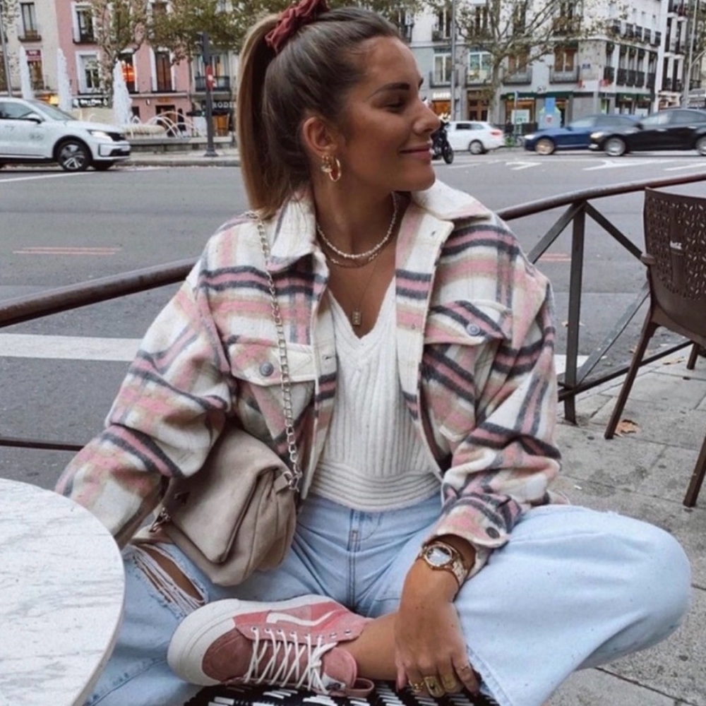 Zara Pastel Plaid Utility Jacket Shacket Oversized Size S - Picture 7 of 12